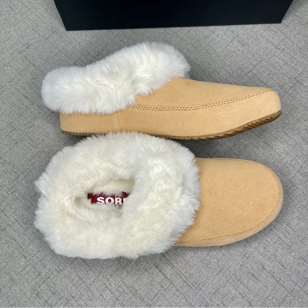 Sorel Women’s Go Coffee Run Slippers Tan Suede Leather Fur Slip On Shoes Nwt - Picture 11 of 16